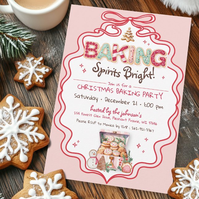 Invitation Retro Pink & Red Bow Noël Cookie Party (Cute pink red green coquette bow ribbon frame Baking Spirits Bright Christmas cookie Baking Invite)