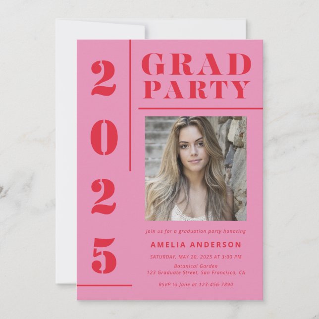 Invitation Retro Pink Red Typography Photo Graduation Party (Devant)