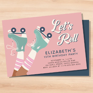 Invitation Retro Pink Teal Roller Skating Birthday Party