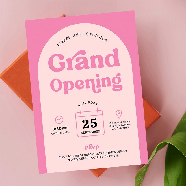 Invitation Retro Pink Trendy Arch New Business Grand Ouvertur (Trendy Pink Business Grand Opening invitation design, featuring retro fonts and arch background )