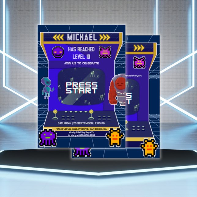 Invitation Retro Pixels Jeu vidéo Arcade Anniversaire (Arcade Video Game Birthday Party Invitation)