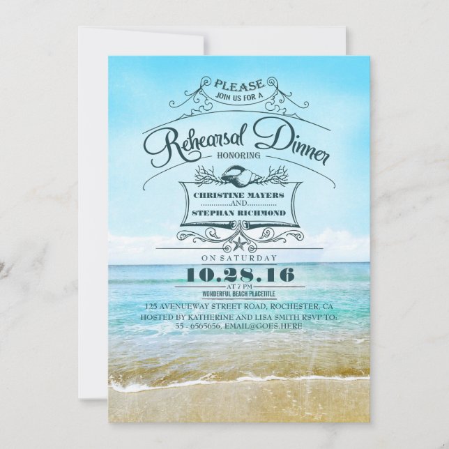 Invitation Retro plage bleu ombre dîner de répétition invitat (Devant)