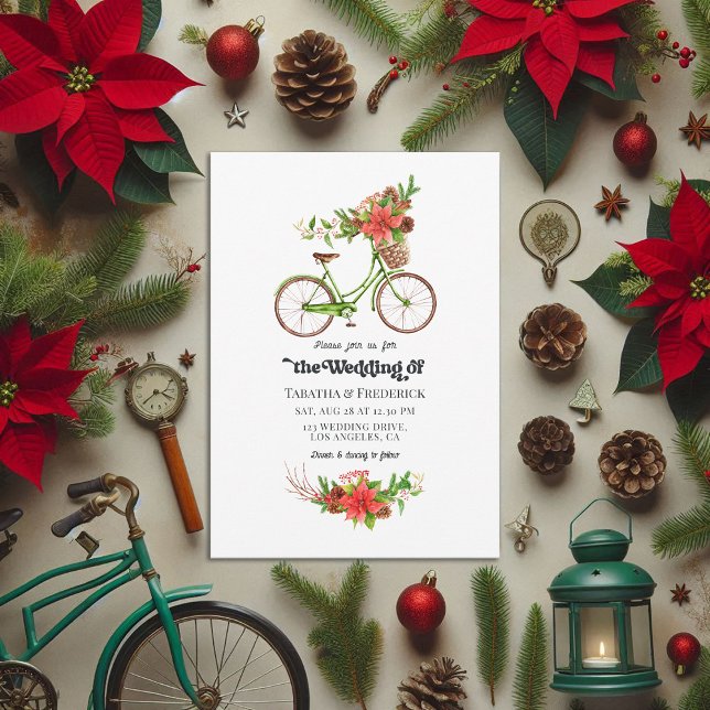 Invitation Retro Poinsettia Vélos Mariage de Noël (Retro Poinsettia Bicycle Christmas Holiday Wedding Invitation)