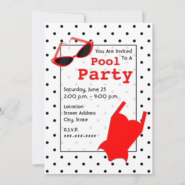 Invitation Retro Pool Party - Cat Eye Sunglaces Red Swimsuit (Devant)