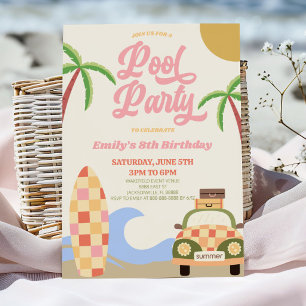 Invitation Retro Pool Surf Board Rose Anniversaire