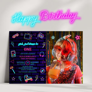 Invitation Retro Pop Neon Photo Enfants Anniversaire Bash