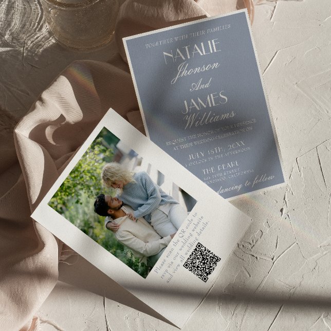 Invitation Rétro Poussiéreux Bleu Argent Ancien QR Code Photo (Créateur téléchargé)