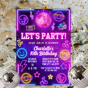 Invitation Retro Preppy Smile Y2K Face rose Neon Glow Party