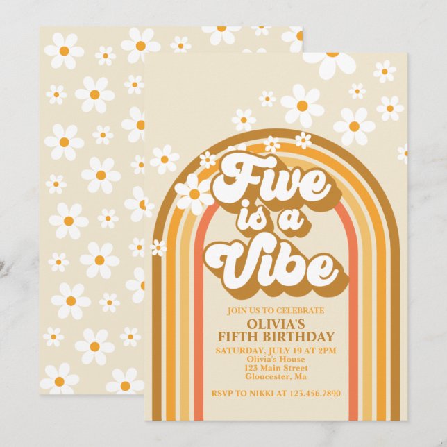 Invitation Retro Rainbow FIVE est une ambiance Groovy 5e anni (Devant / Derrière)