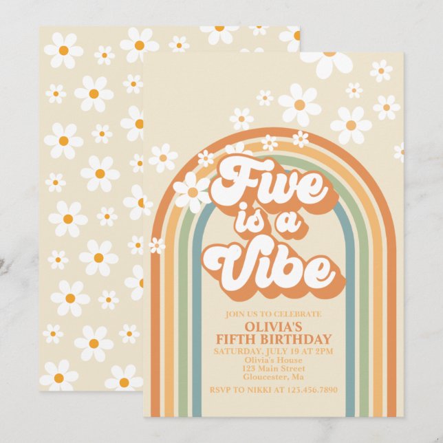 Invitation Retro Rainbow FIVE est une ambiance Groovy 5e anni (Devant / Derrière)