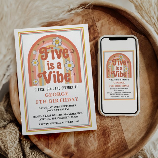 Invitation Retro Rainbow FIVE est une Vibes Groovy 5ème Anniv (Créateur téléchargé)