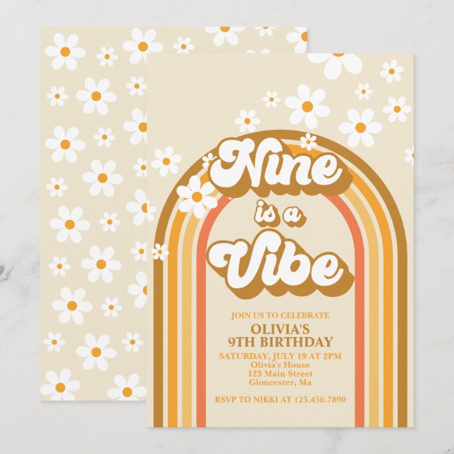 Invitation Retro Rainbow Nine est une Vibration Groovy 9e Ann (Devant / Derrière)