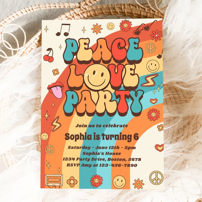 Invitation Retro Rainbow Peace Love Party 6e anniversaire (Créateur téléchargé)