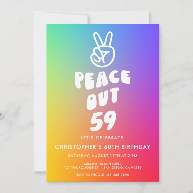 Invitation Retro Rainbow Peace Out N'Importe Quel Âge Anniver (Devant)