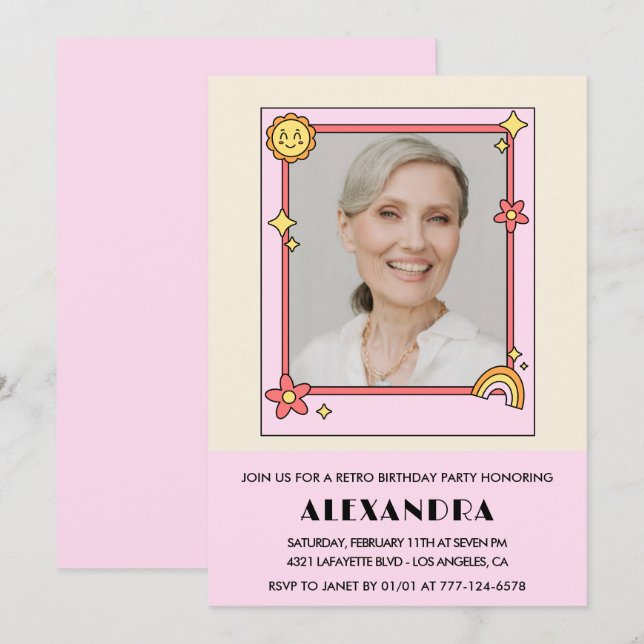 Invitation Retro Rainbow Sun Photo rose 77e anniversaire (Devant / Derrière)