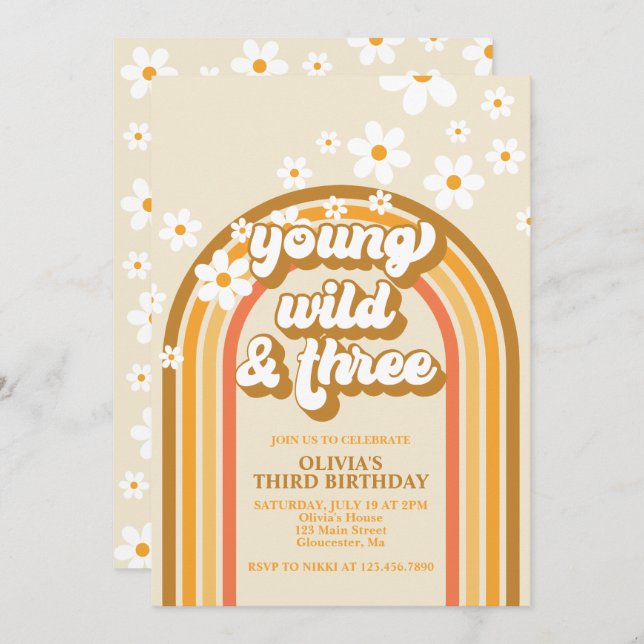 Invitation Retro Rainbow Young Wild et trois Anniversaire (Devant / Derrière)