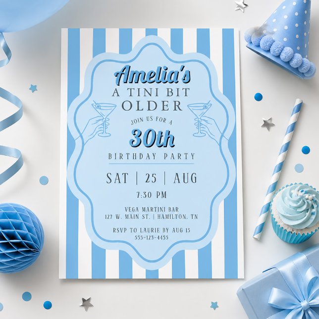 Invitation Retro Rayure Bleue Tini Un peu plus âgé Martini An (Retro Blue Stripe Tini Bit Older Martini Birthday Invitation)