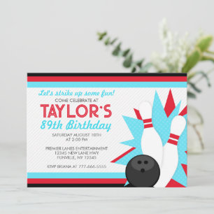 Invitation Retro Red & Aqua Blue Bowling Party
