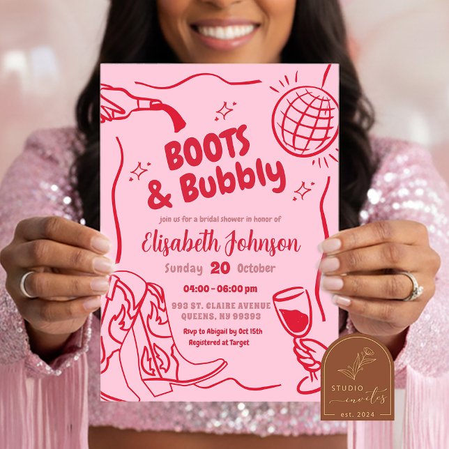 Invitation Retro Red Boots Roses et Bubbly Enterrement de Vie (Créateur téléchargé)