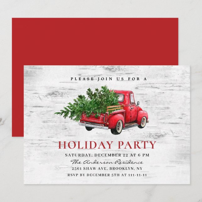 Invitation Retro Red Farm Truck Birch Fête de Noël (Devant / Derrière)