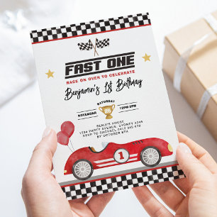 Invitation Retro Red Fast One Race Car Boy 1er Anniversaire