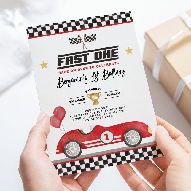 Invitation Retro Red Fast One Race Car Boy 1er Anniversaire (Créateur téléchargé)
