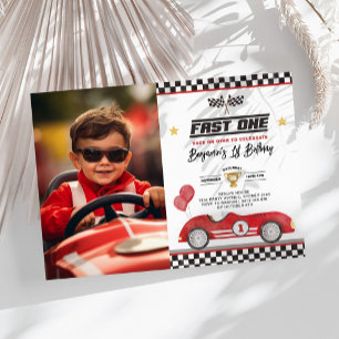 Invitation Retro Red Fast One Racing Car 1er Anniversaire Pho