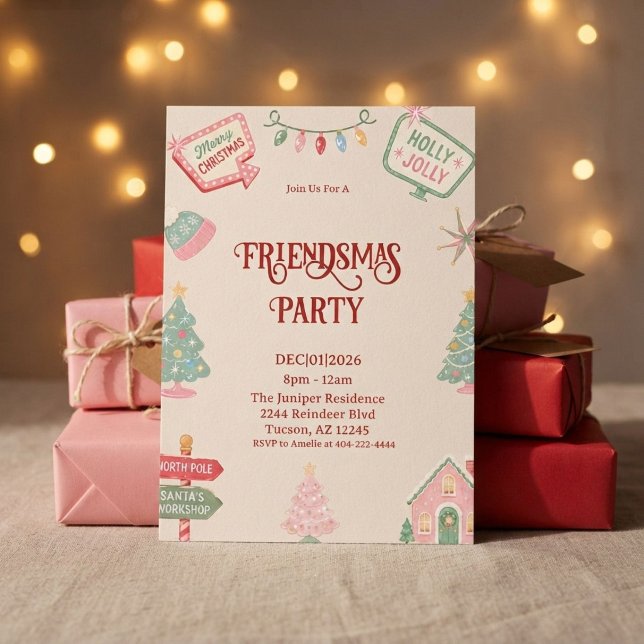 Invitation Retro Red Green Friendsmas Fête de Noël (Créateur téléchargé)