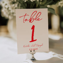 Retro Red Hand Written Wedding Table Number