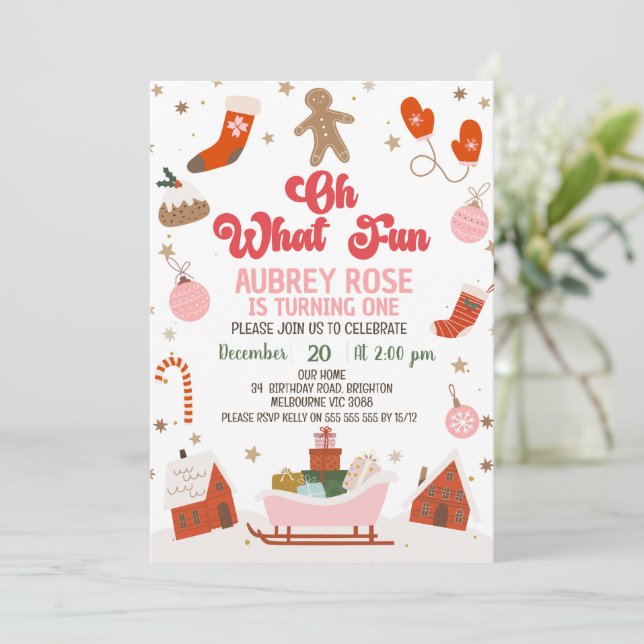 Invitation Retro Red Oh What Fun Noël 1er Anniversaire (Debout devant)