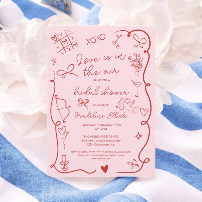 Invitation Retro Red Pink Love dans la douche nuptiale (Retro Red Pink Love in the air bridal shower Invitation)