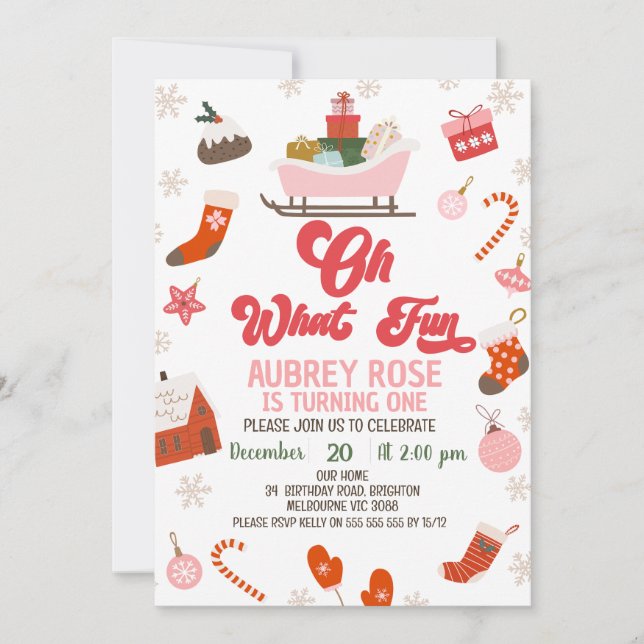 Invitation Retro Red Pink Oh What Fun Noël 1er Anniversaire (Devant)