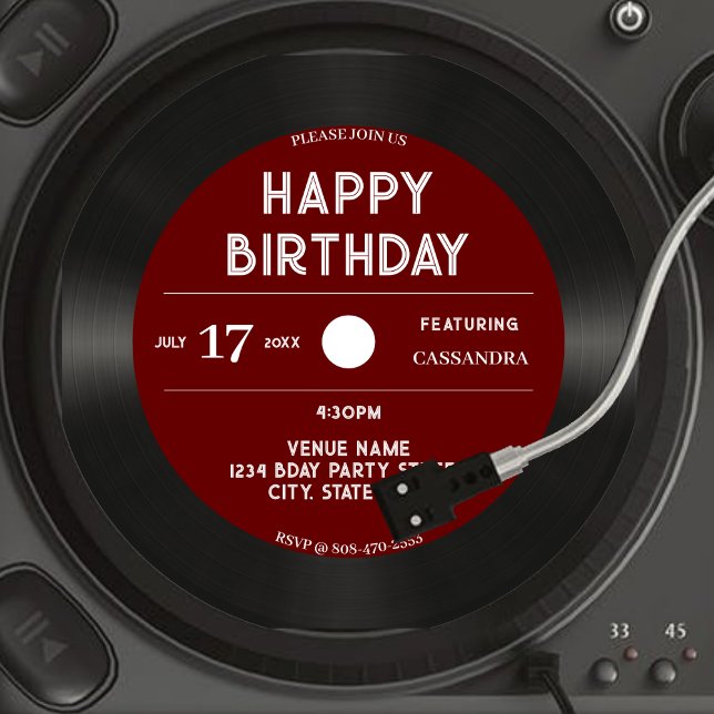 Invitation Retro Red Vinyl Record Noir Bonne fête d'anniversa (Retro Red Vinyl Record Black Happy Birthday Party Invitation)