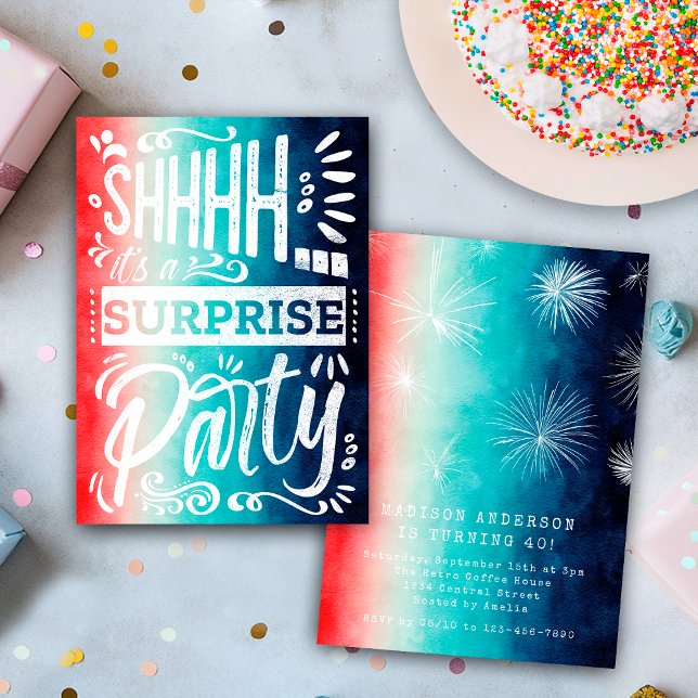 Invitation Retro Red White Blue Shh Surprise Birthday Party (Créateur téléchargé)