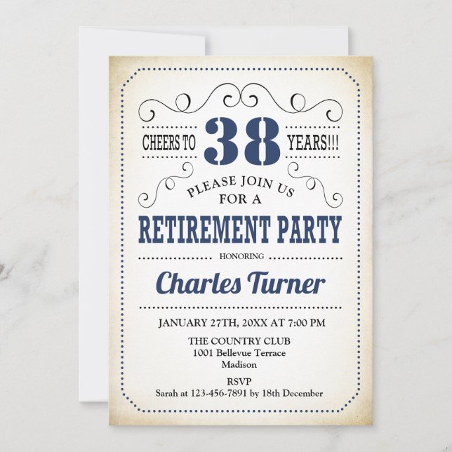 Invitation Retro Retraite Party - Marine Blue Cream White (Devant)