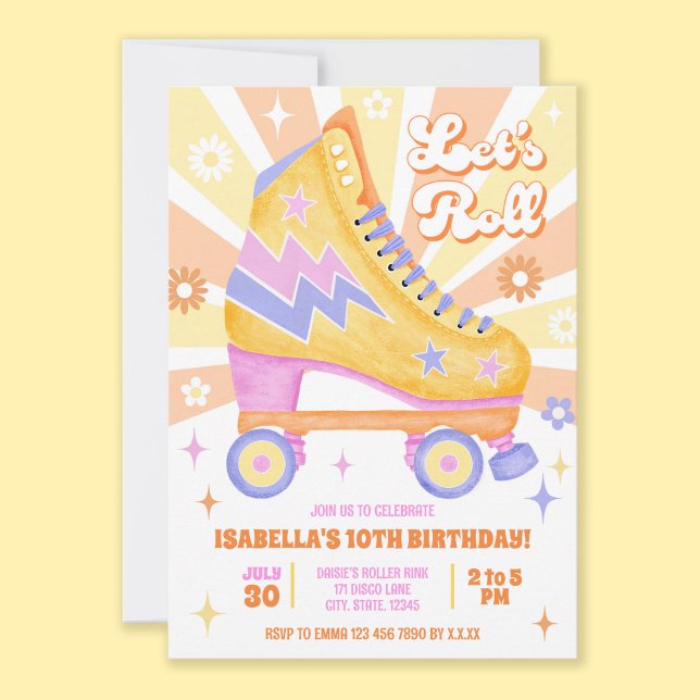 Invitation Retro Roller Skate Party (All the retro vibes for this roller disco birthday party invitation themed in yellow and orange.)