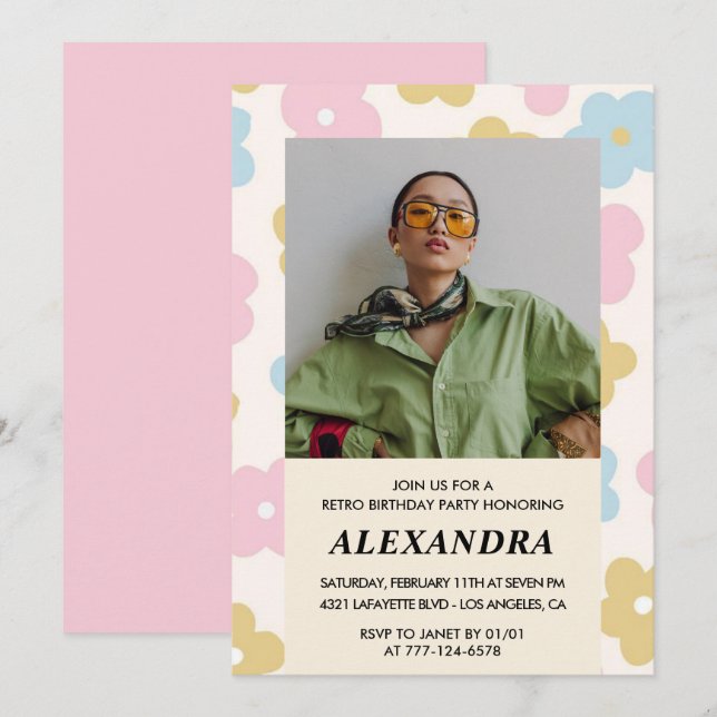 Invitation rétro rose avec photo florale pour 37e  (Devant / Derrière)