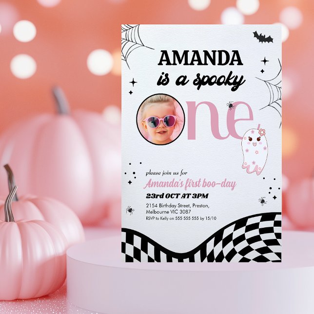 Invitation Retro Rose Black Girls Éffrayant un 1er anniversai (Spooky One 1st Birthday Invitation Template Modern, Girls Spooky One Halloween First Birthday Invite)