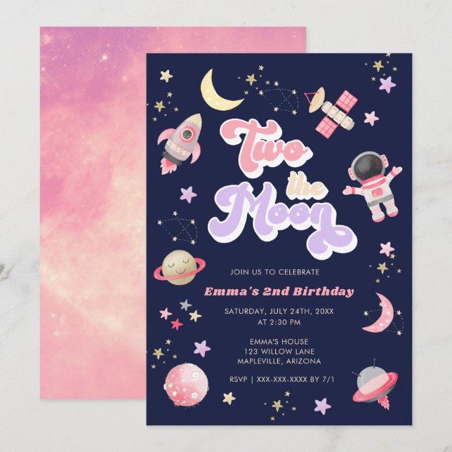 Invitation Retro rose deux l'espace lune Anniversaire (Devant / Derrière)