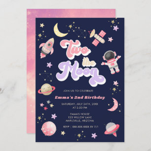 Invitation Retro rose deux l'espace lune Anniversaire