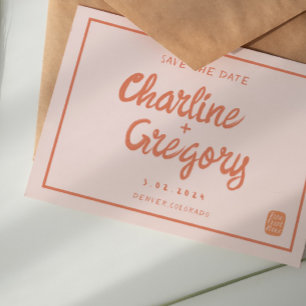 Invitation Rétro rose et rouge écriture manuscrite mariage En