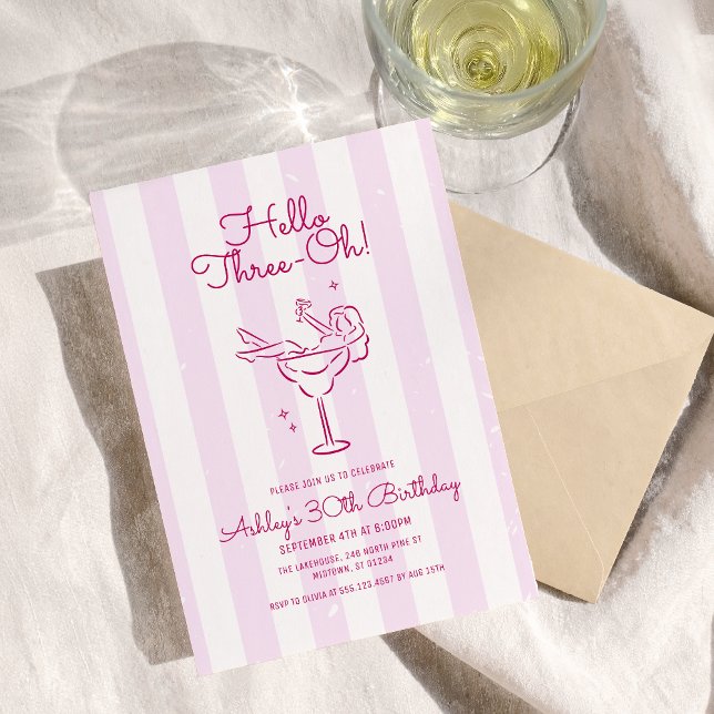 Invitation Retro rose main Drawn Cocktail Glass 30e anniversa (Retro pink hand drawn cocktail on vintage stripe 30th birthday invitation with whimsical font)