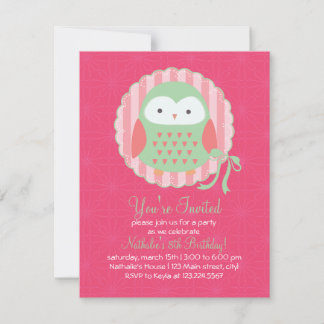 Invitation Rétro rose mignon de hibou et fête d'anniversaire