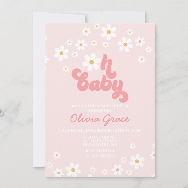 Invitation rétro rose pour baby shower Fille fleur (Devant)
