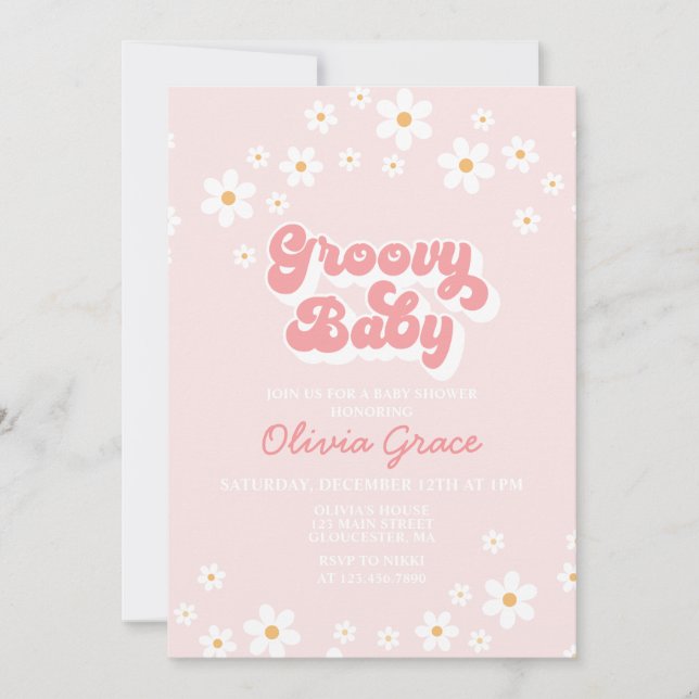 Invitation rétro rose pour baby shower Fille fleur (Devant)