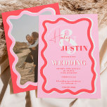 Invitation Retro rose rouge courbe squiggle ondulée photo mar<br><div class="desc">Un cool en caractères gras faire-part de mariage avec des noms personnalisés avec une calligraphie manuscrite et une police serif, 2 noms, deux styles avec une courbe rouge rétro squiggle ondulé photo mariage. Tous les textes, noms et couleurs arrière - plans sont personnalisables pour vous permettre de mélanger et de...</div>