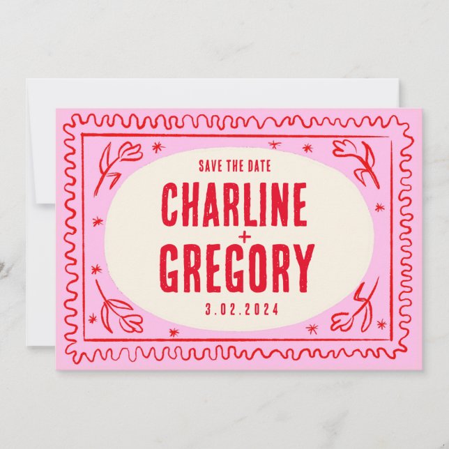 Invitation Rétro rose rouge écriture de mariage Enregistrer l (Devant)