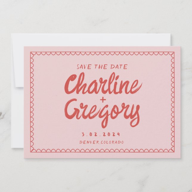 Invitation Rétro rose rouge écriture de mariage Enregistrer l (Devant)