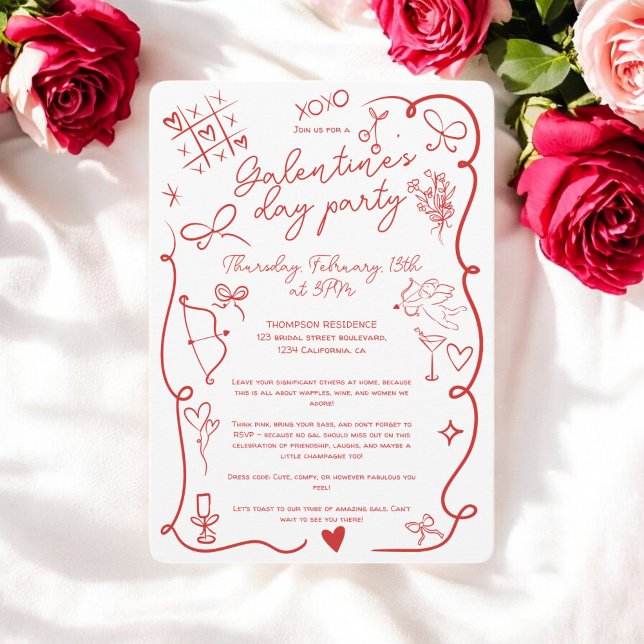 Invitation Retro Rouge blanc Quirky fête de la Saint-Galentin (Retro Red white Quirky Galentine's Day Party Invitation)