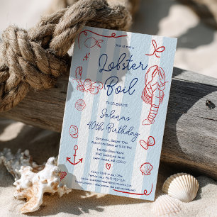 Invitation Rétro Rouge et Bleu Fun Lobster Boil 40e anniversa